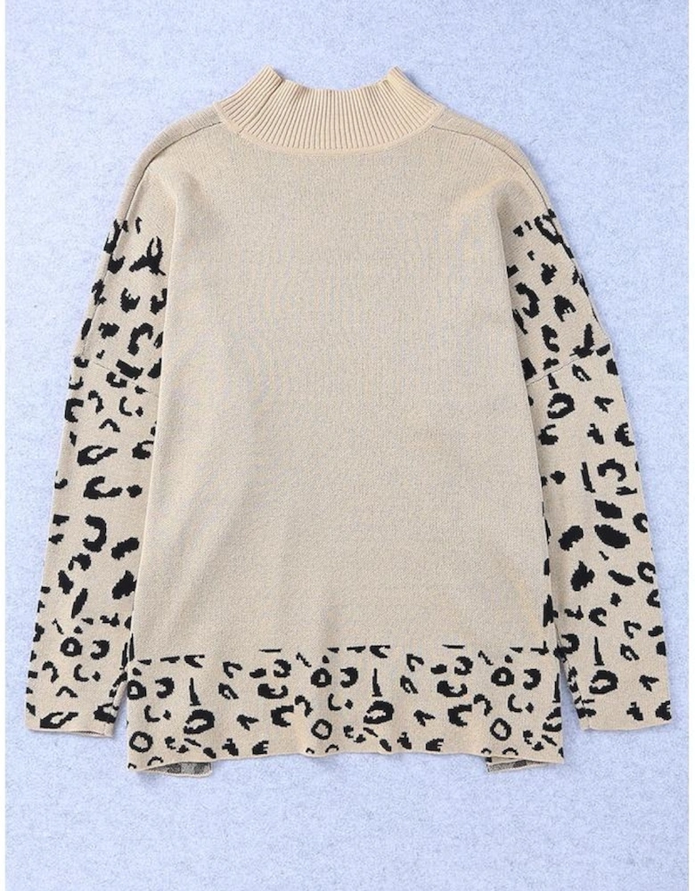 Khaki Leopard High Neck Side Slit Oversized Sweater