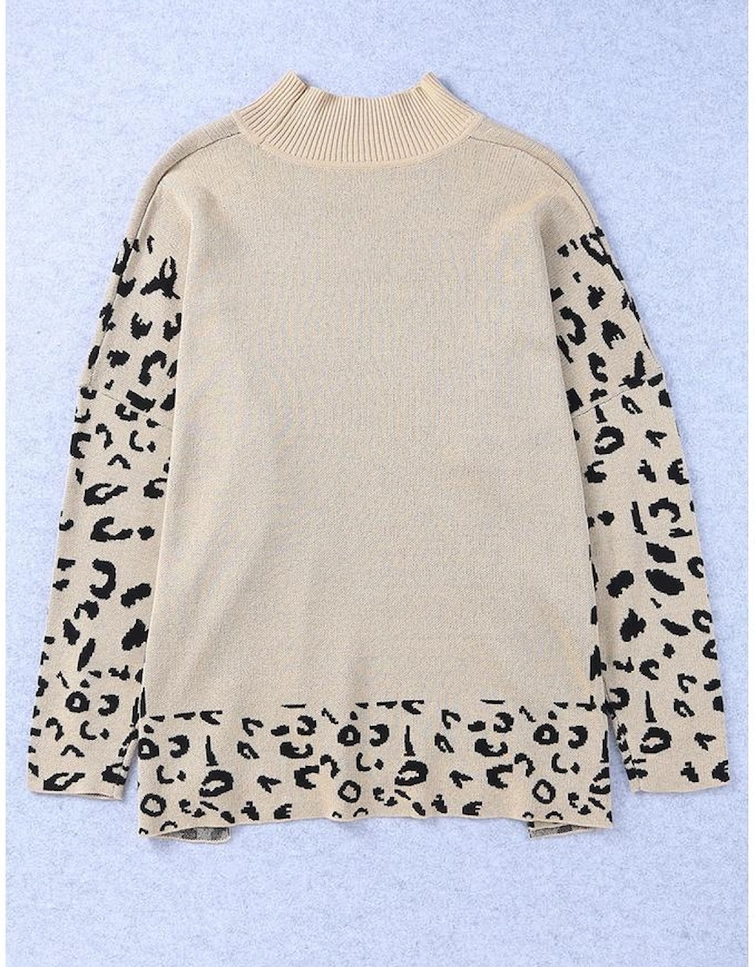 Khaki Leopard High Neck Side Slit Oversized Sweater