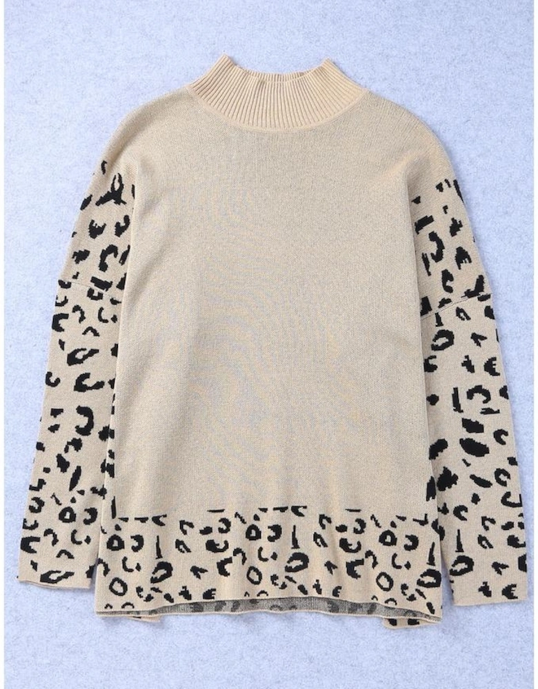 Khaki Leopard High Neck Side Slit Oversized Sweater