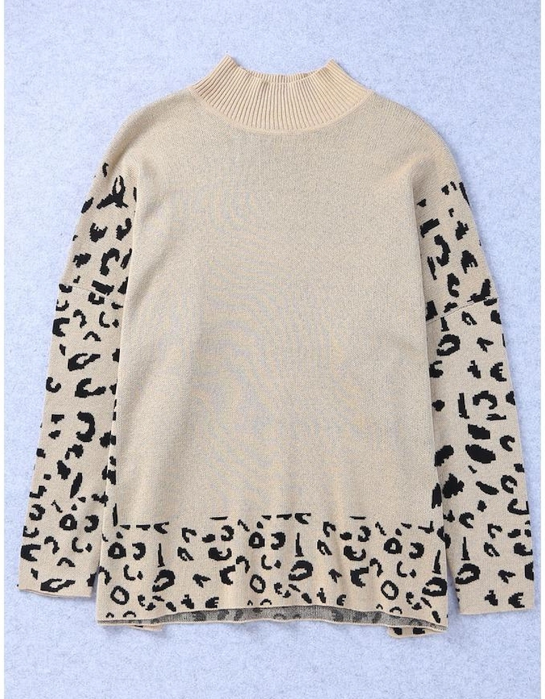 Khaki Leopard High Neck Side Slit Oversized Sweater