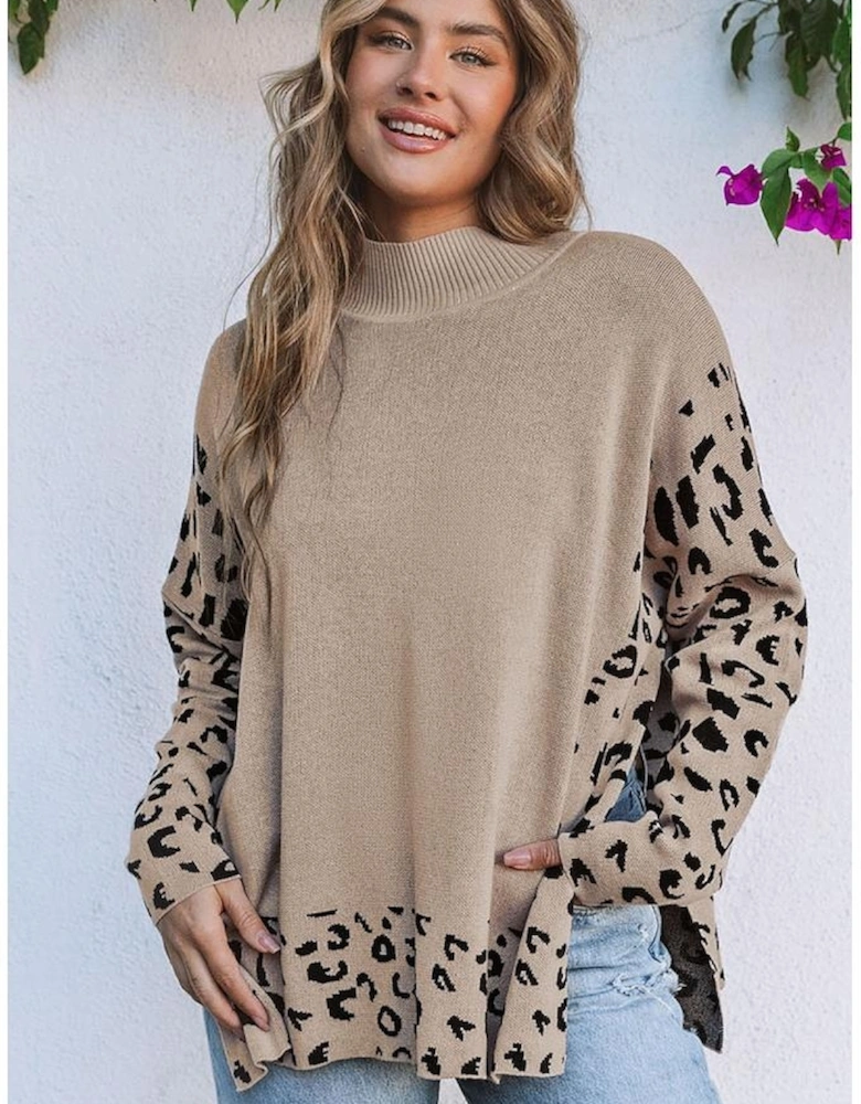 Khaki Leopard High Neck Side Slit Oversized Sweater