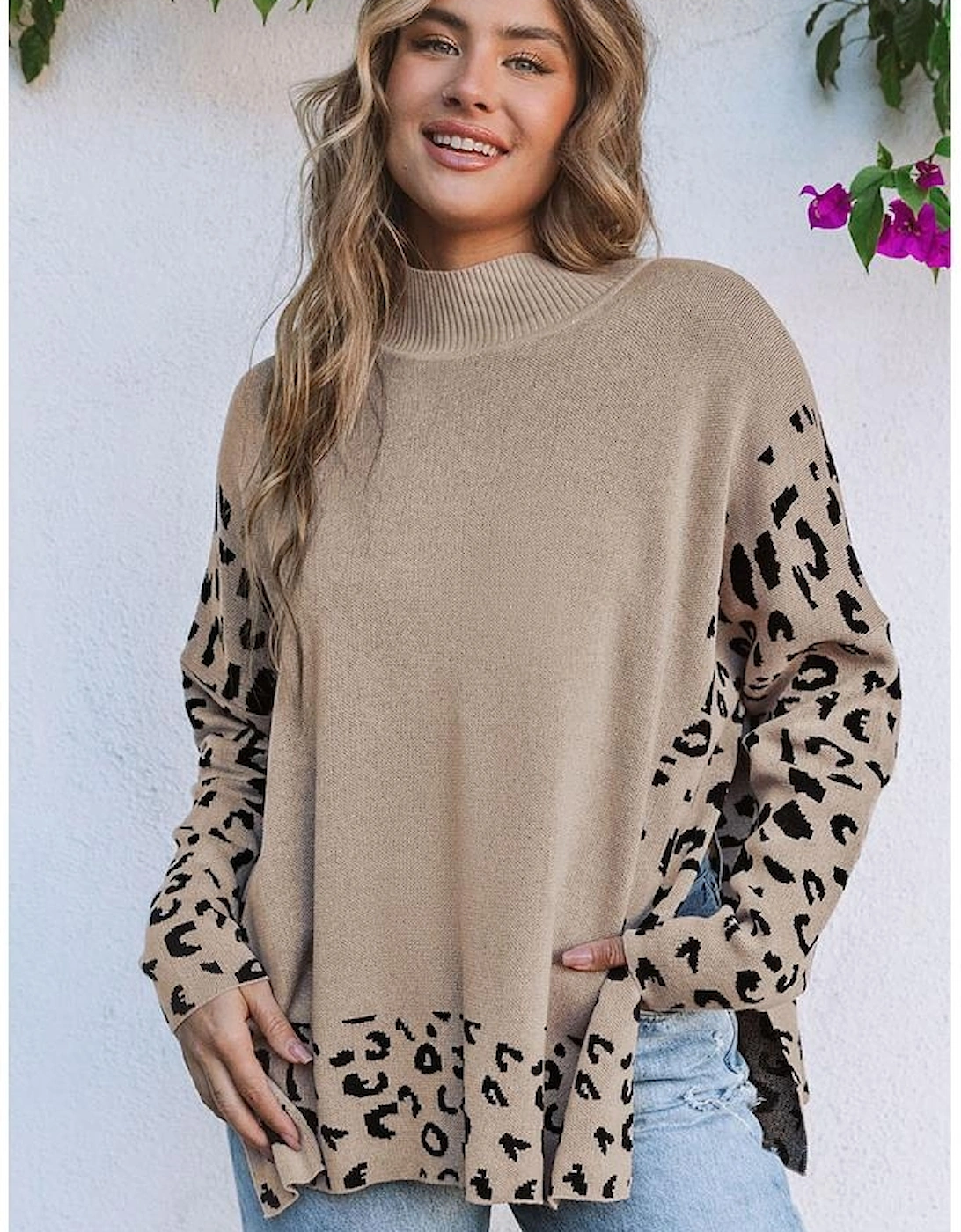Khaki Leopard High Neck Side Slit Oversized Sweater
