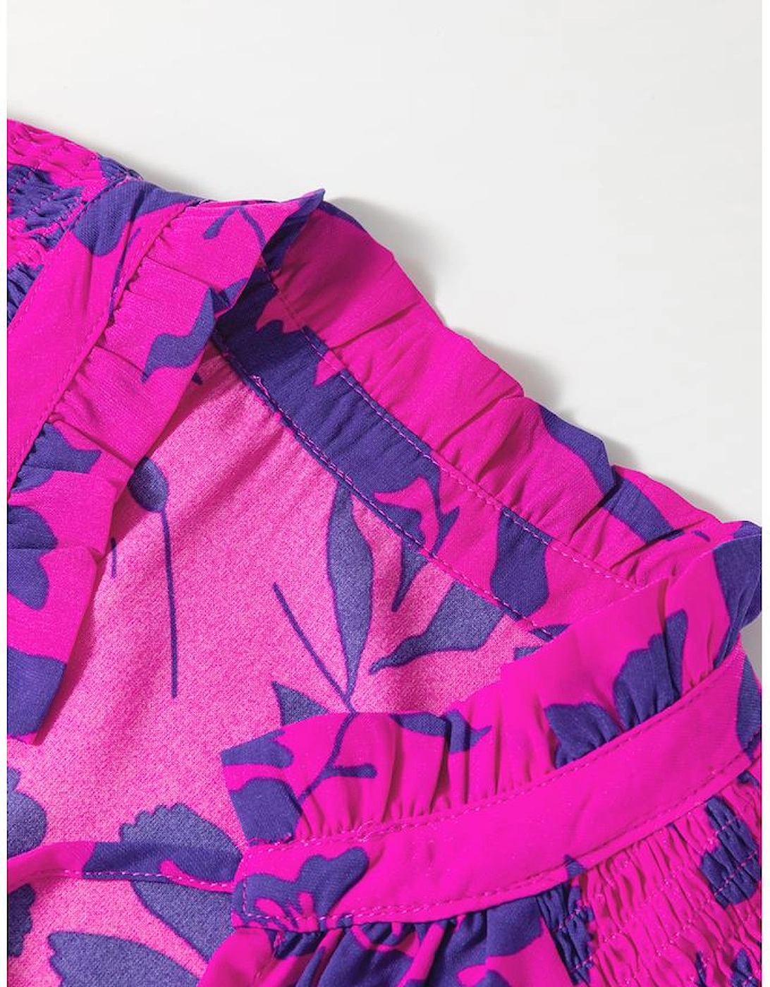 Rose Floral Print Tiered Frilled Trim Flutter Sleeve Maxi Dress