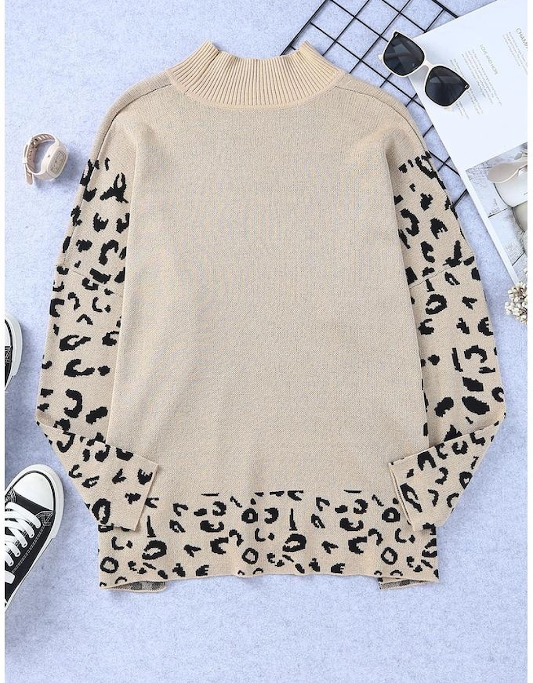 Khaki Leopard High Neck Side Slit Oversized Sweater