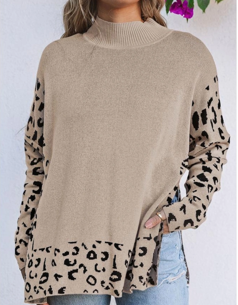 Khaki Leopard High Neck Side Slit Oversized Sweater