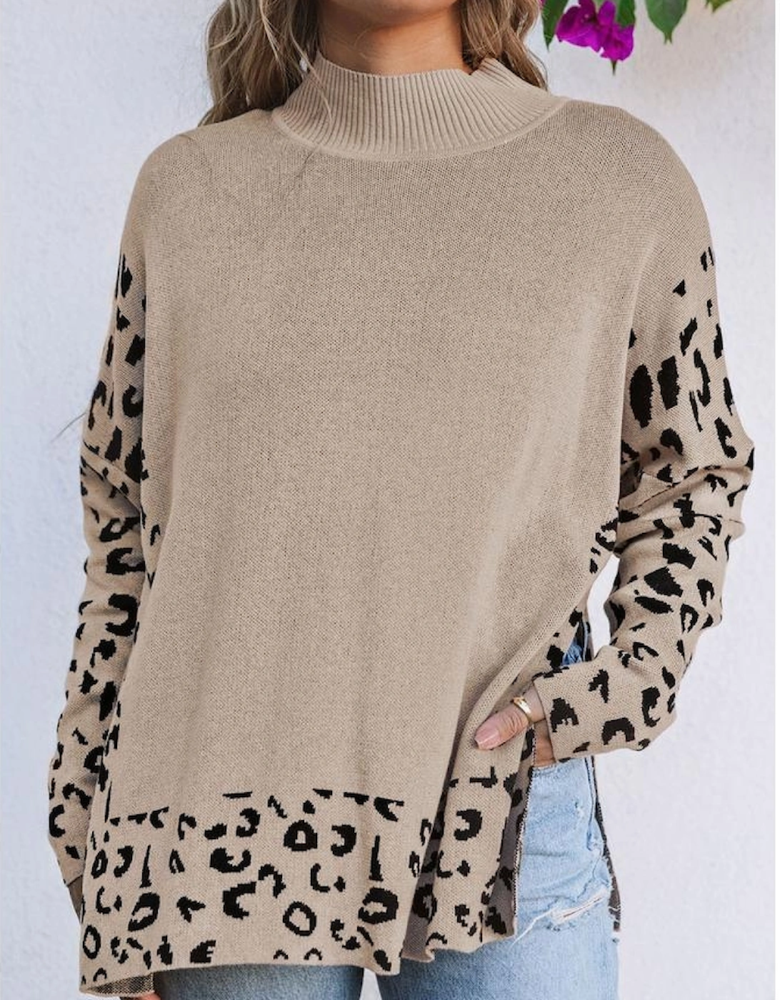 Khaki Leopard High Neck Side Slit Oversized Sweater