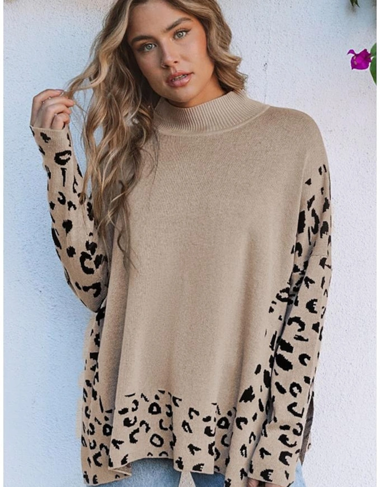 Khaki Leopard High Neck Side Slit Oversized Sweater