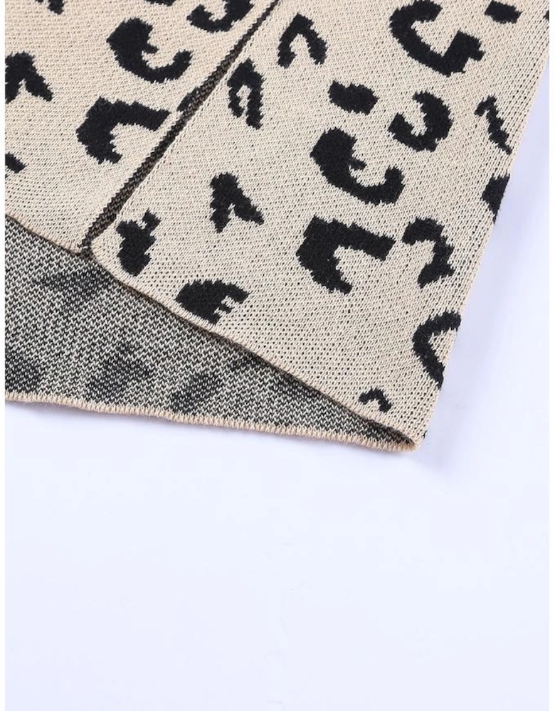 Khaki Leopard High Neck Side Slit Oversized Sweater