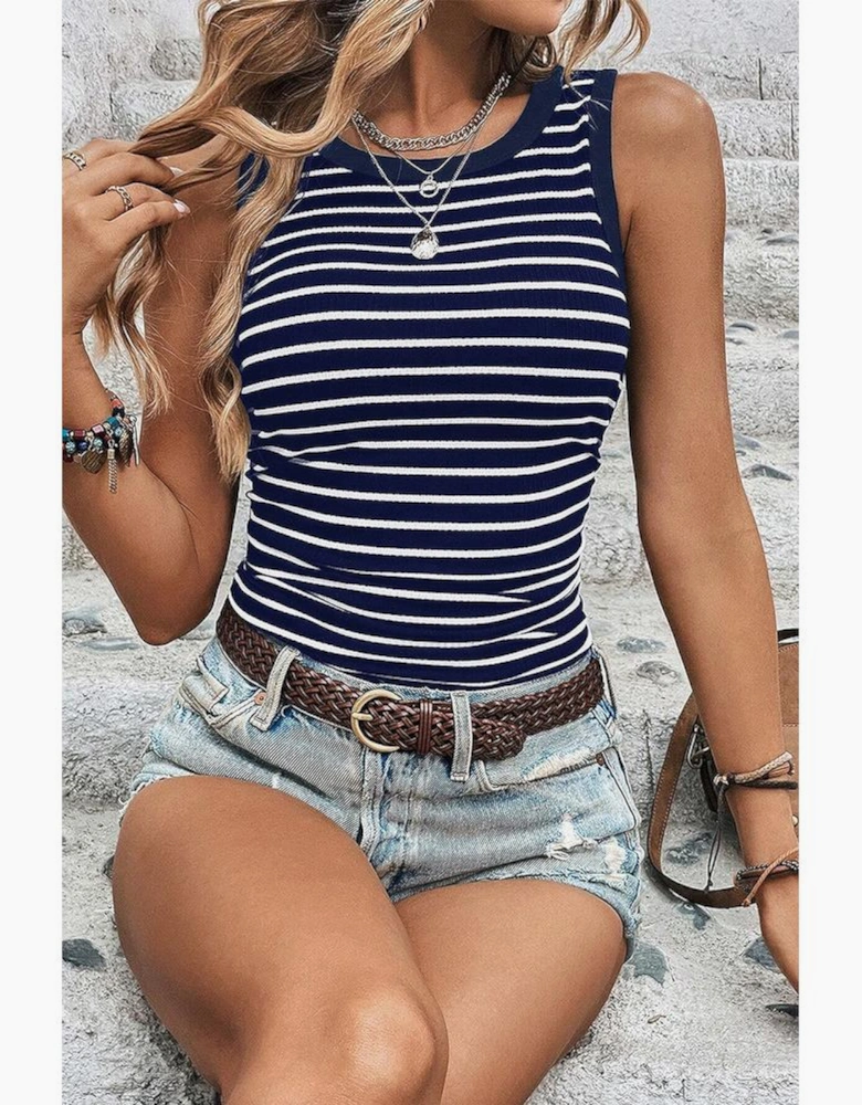Blue Stripe Contrast Round Neck Sleeveless Slim Top
