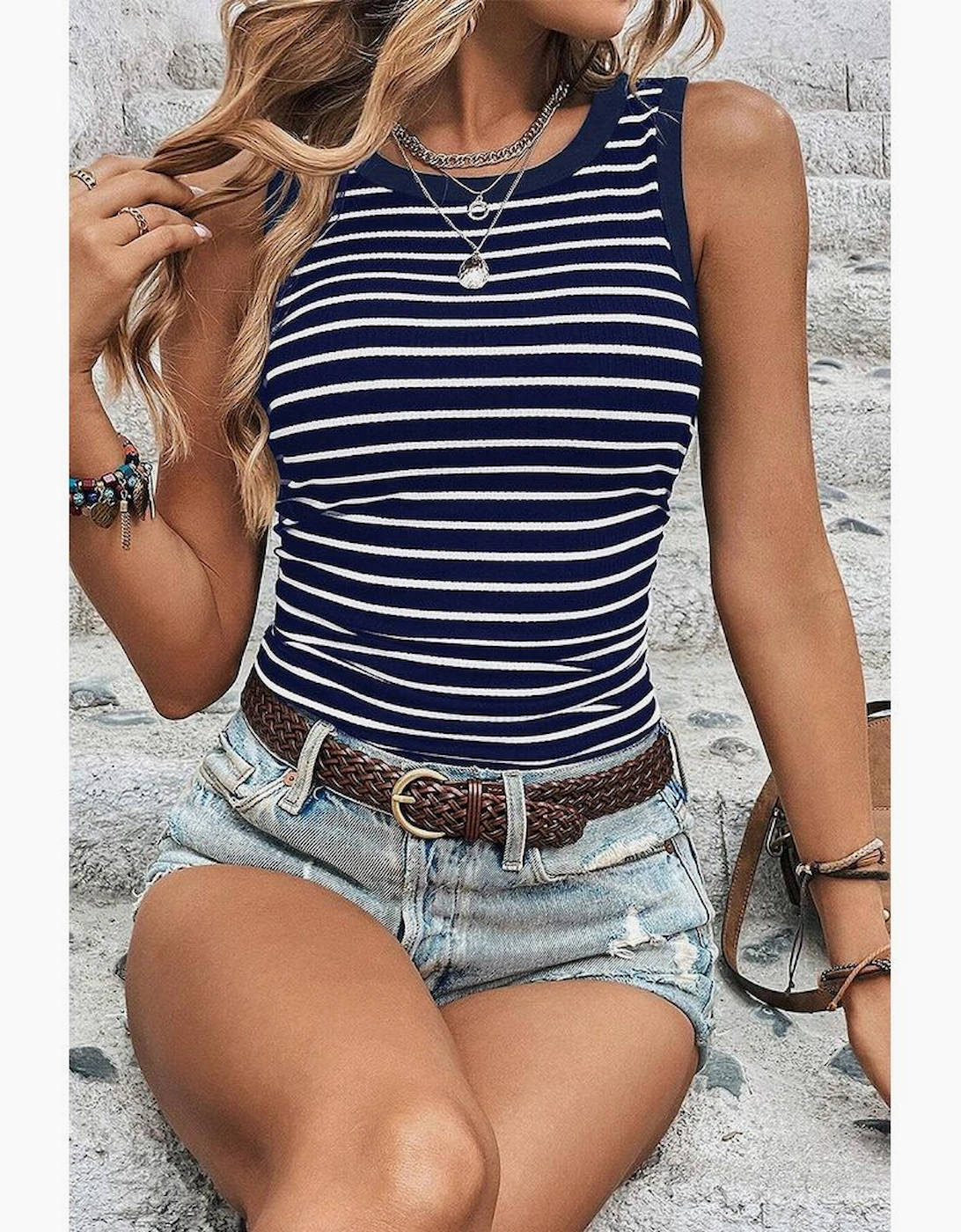 Blue Stripe Contrast Round Neck Sleeveless Slim Top