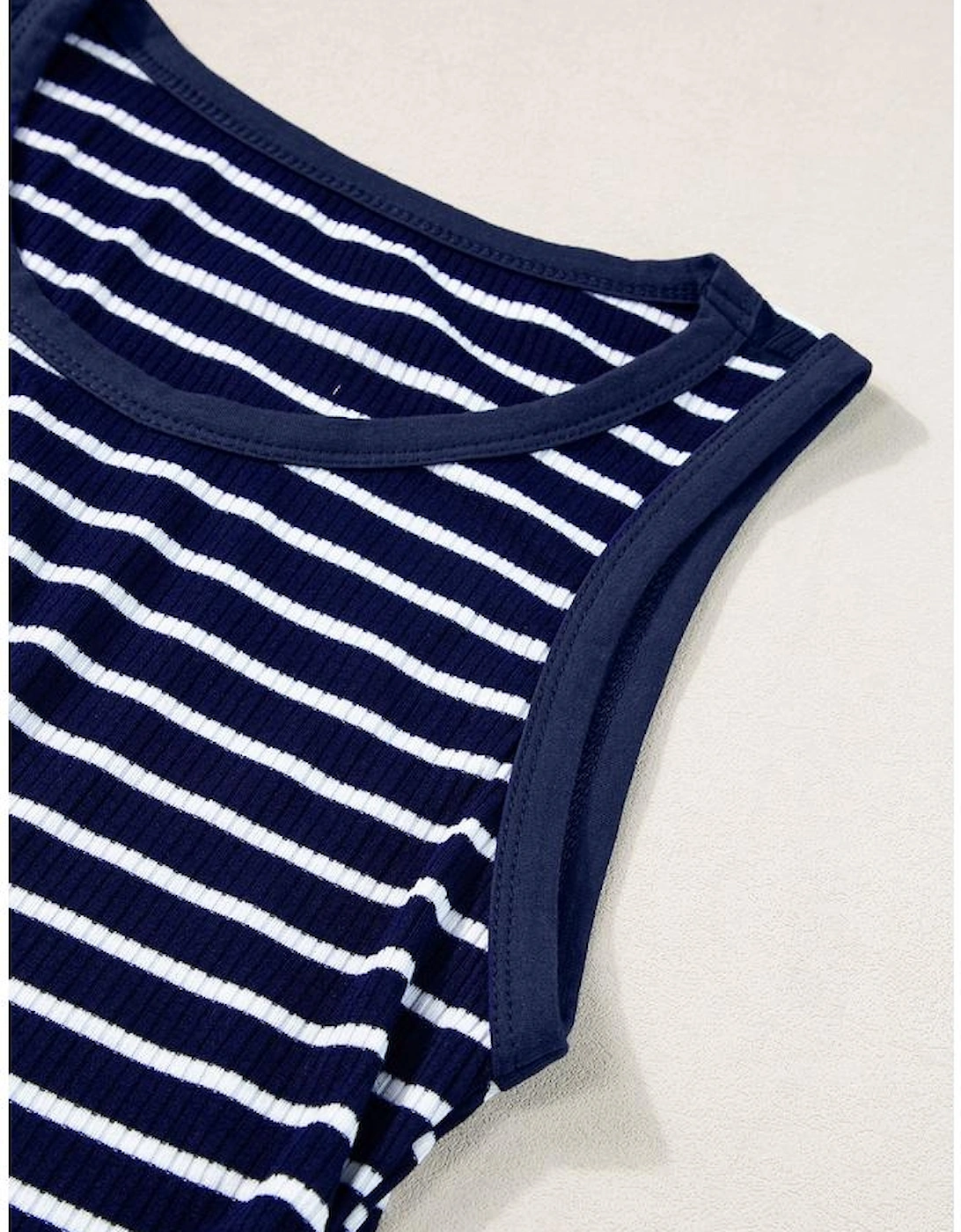Blue Stripe Contrast Round Neck Sleeveless Slim Top