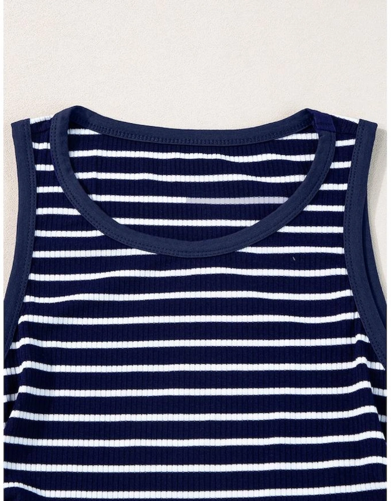 Blue Stripe Contrast Round Neck Sleeveless Slim Top