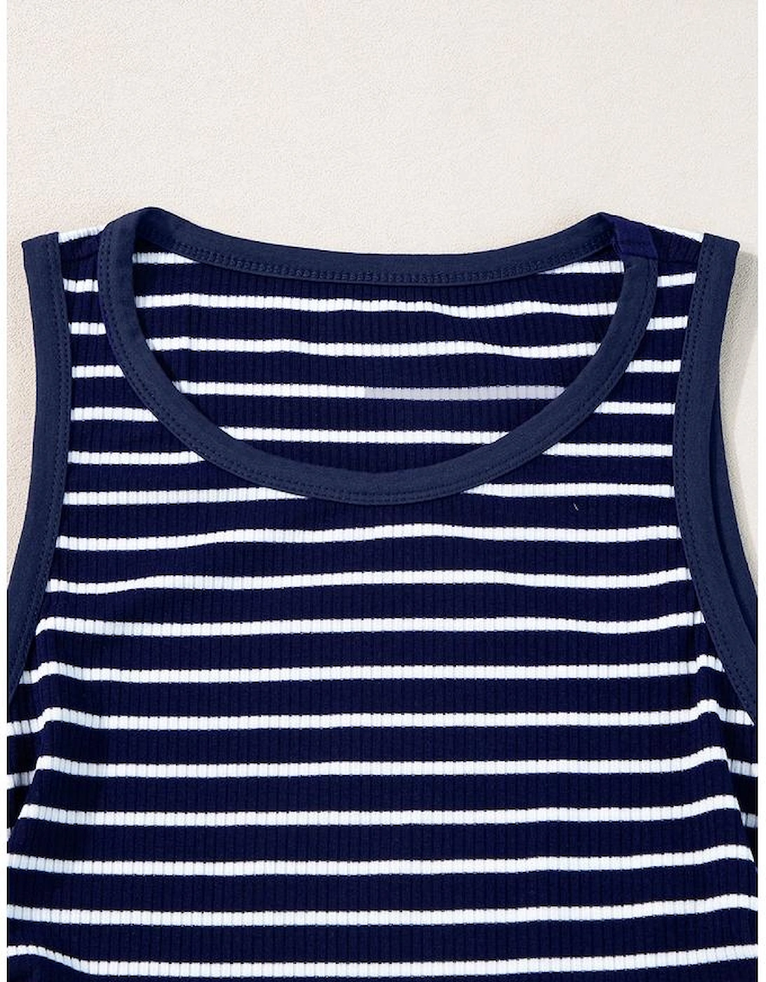 Blue Stripe Contrast Round Neck Sleeveless Slim Top, 11 of 10
