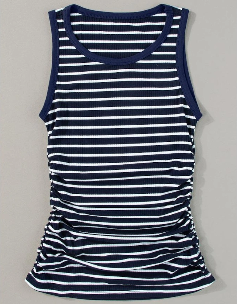Blue Stripe Contrast Round Neck Sleeveless Slim Top