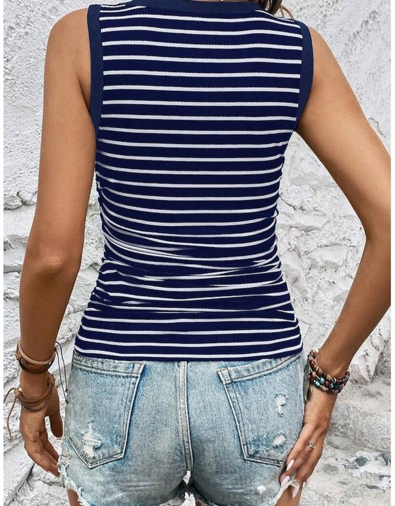 Blue Stripe Contrast Round Neck Sleeveless Slim Top