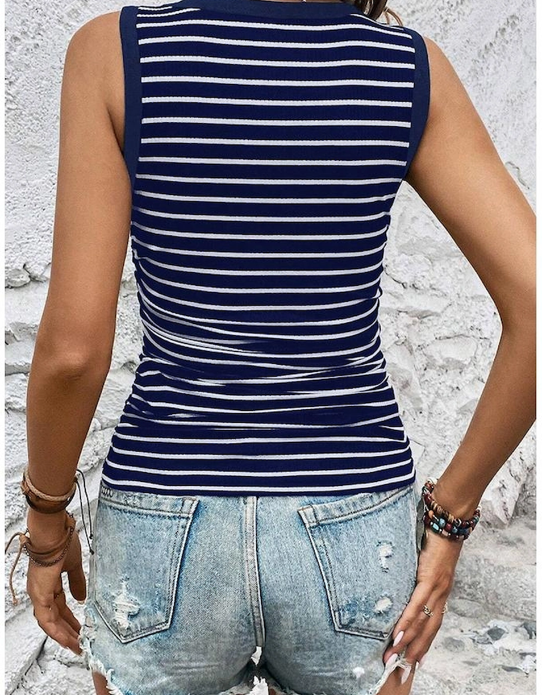 Blue Stripe Contrast Round Neck Sleeveless Slim Top