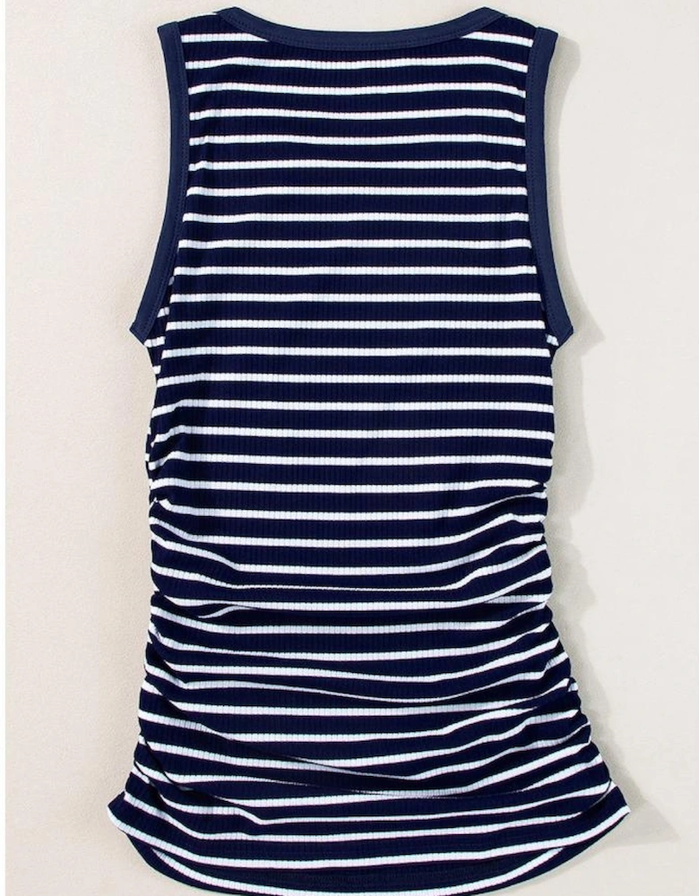 Blue Stripe Contrast Round Neck Sleeveless Slim Top