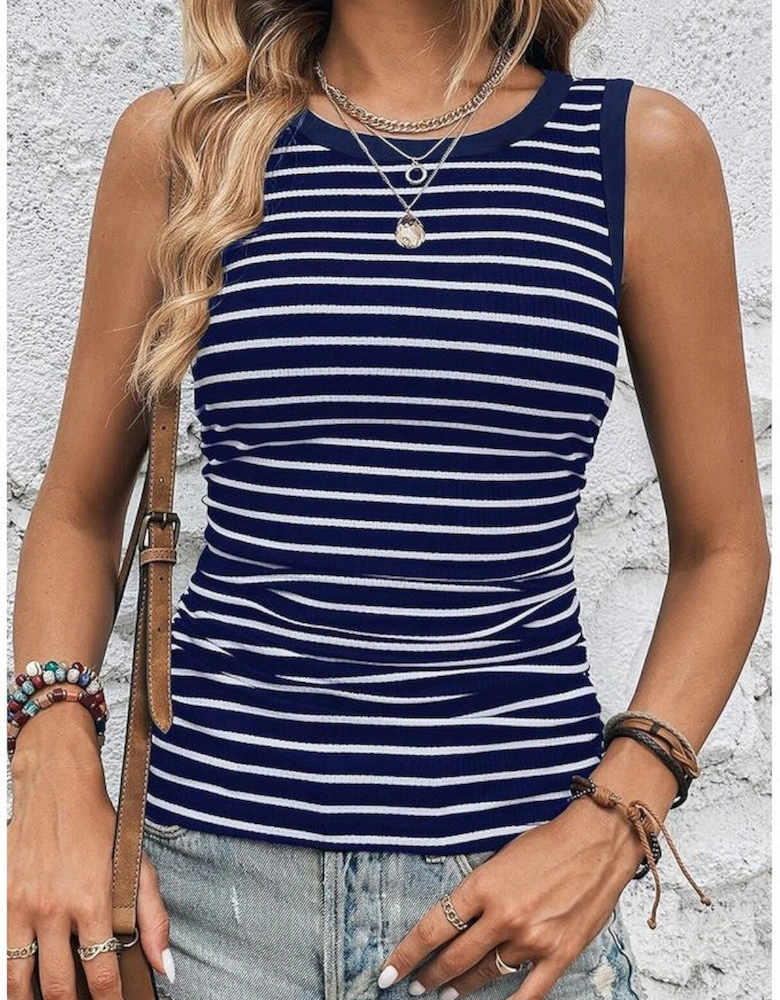 Blue Stripe Contrast Round Neck Sleeveless Slim Top
