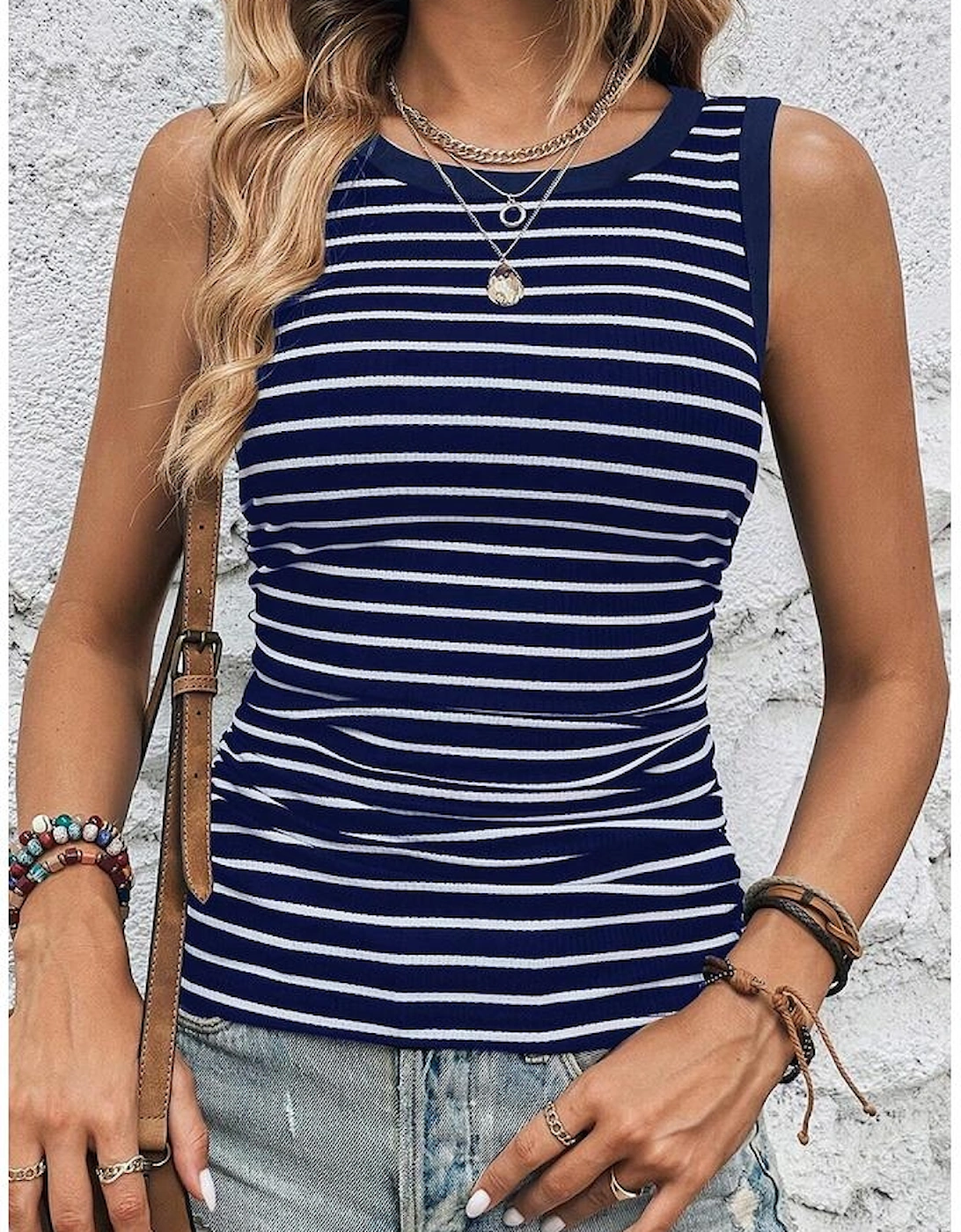 Blue Stripe Contrast Round Neck Sleeveless Slim Top