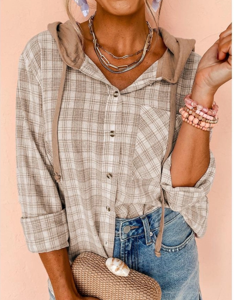 Khaki Checkered Print Loose Fit Buttoned Hooded Shacket