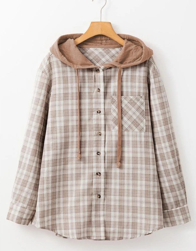 Khaki Checkered Print Loose Fit Buttoned Hooded Shacket