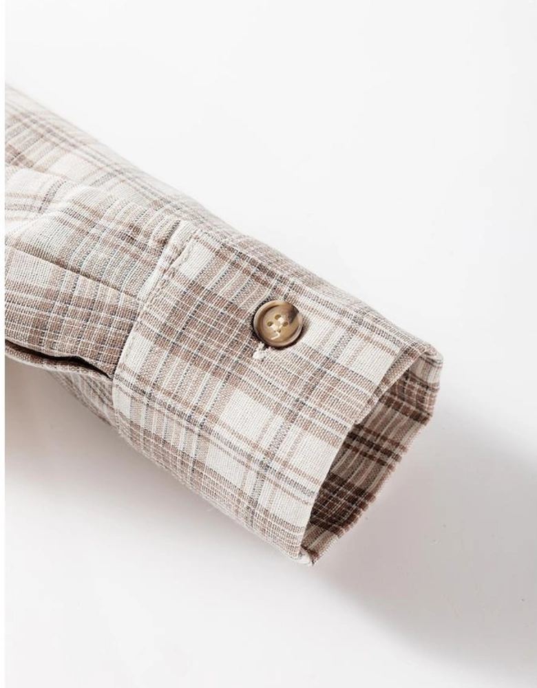 Khaki Checkered Print Loose Fit Buttoned Hooded Shacket