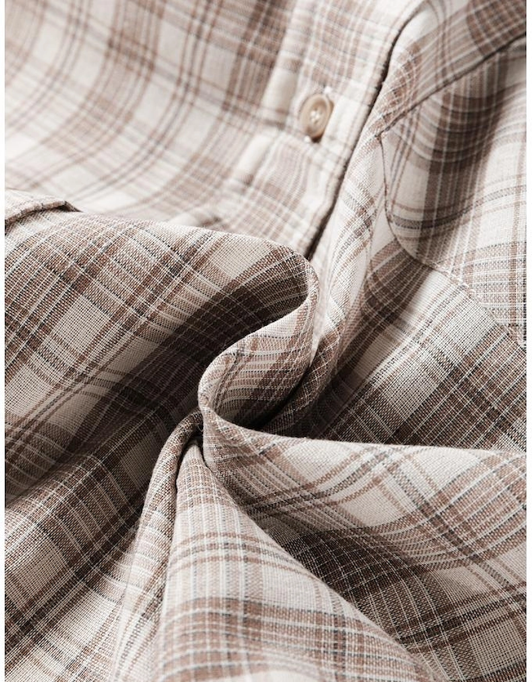 Khaki Checkered Print Loose Fit Buttoned Hooded Shacket