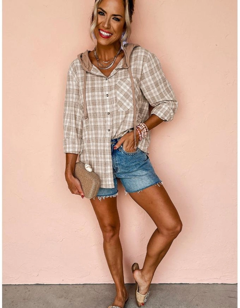 Khaki Checkered Print Loose Fit Buttoned Hooded Shacket