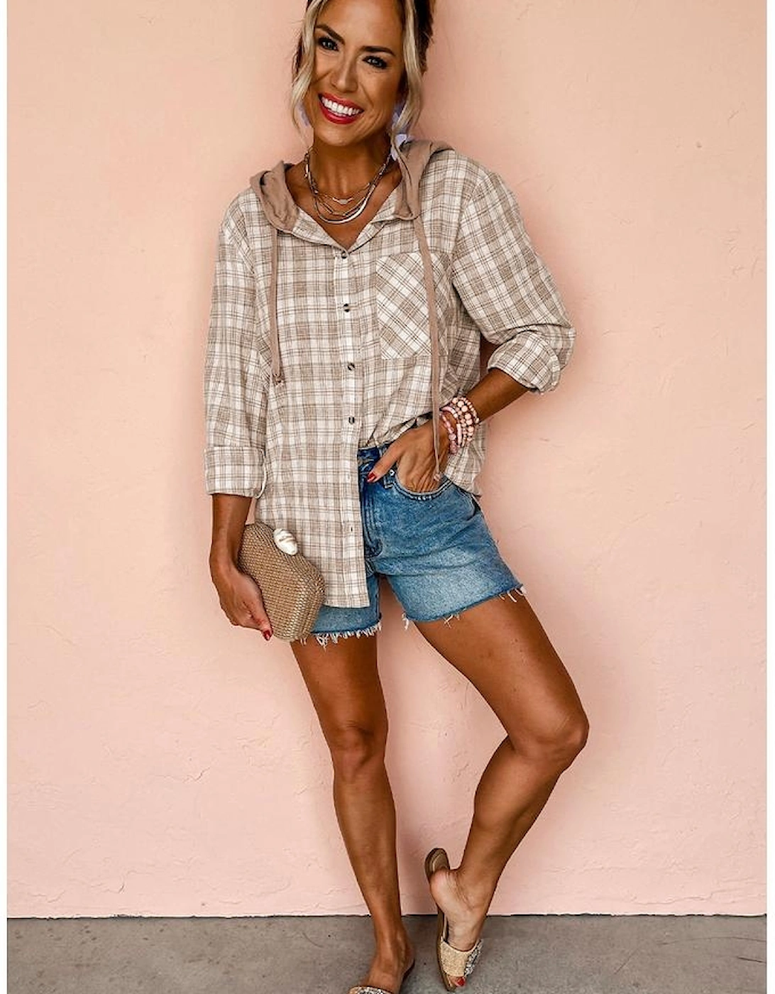 Khaki Checkered Print Loose Fit Buttoned Hooded Shacket