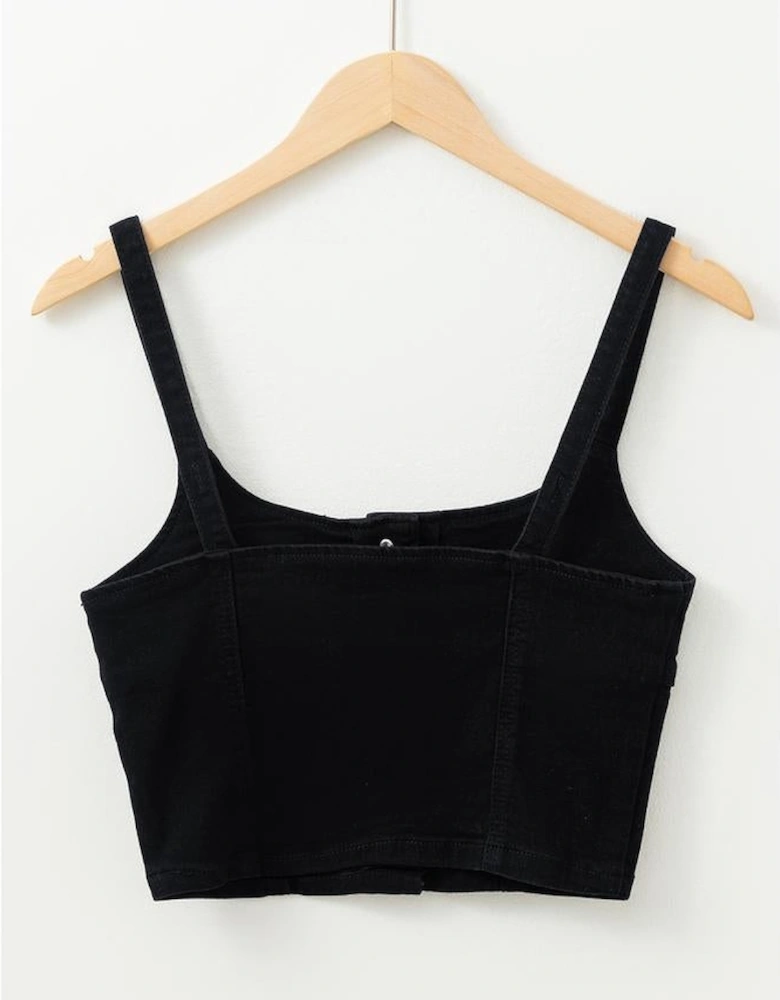 Black Acid Wash Buttoned Cropped Slim Denim Tank Top