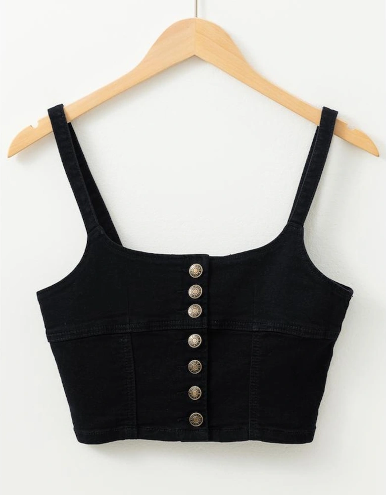 Black Acid Wash Buttoned Cropped Slim Denim Tank Top