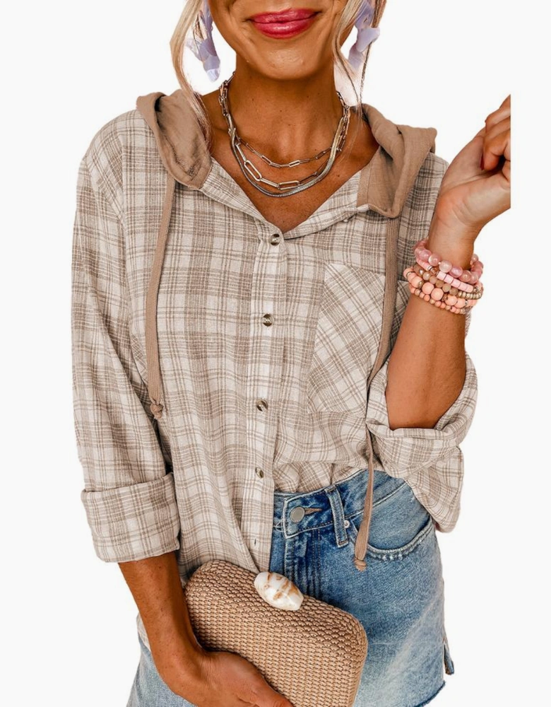 Khaki Checkered Print Loose Fit Buttoned Hooded Shacket