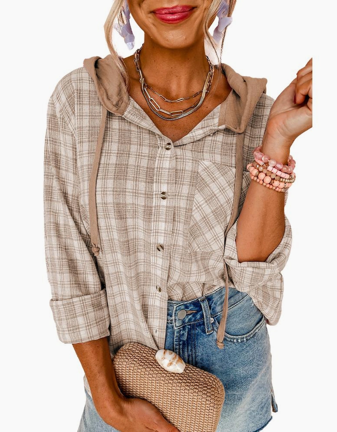 Khaki Checkered Print Loose Fit Buttoned Hooded Shacket