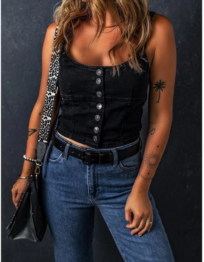 Black Acid Wash Buttoned Cropped Slim Denim Tank Top