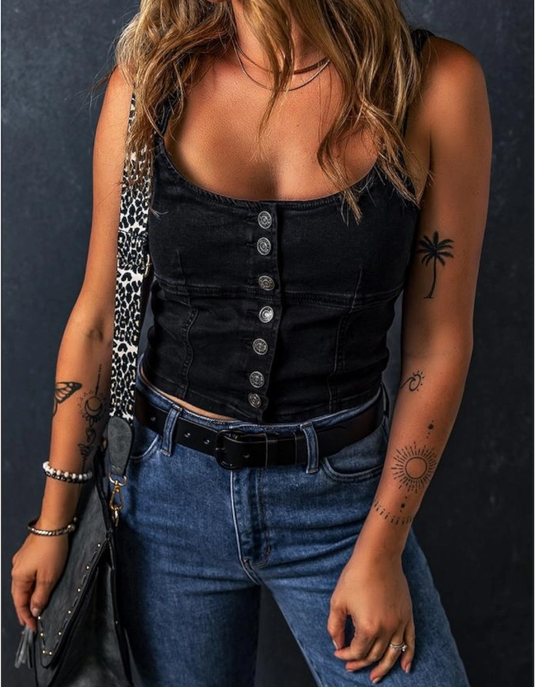 Black Acid Wash Buttoned Cropped Slim Denim Tank Top