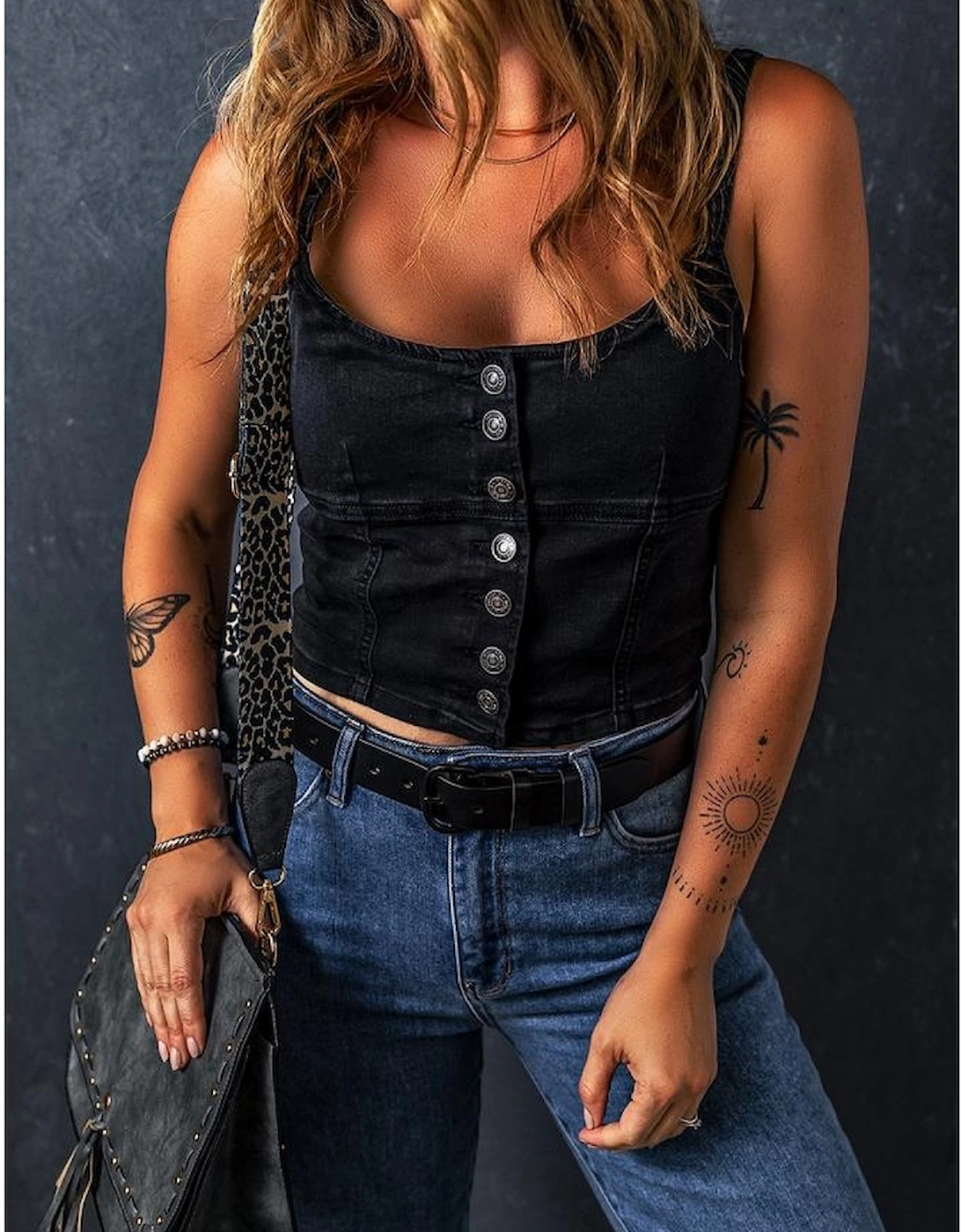 Black Acid Wash Buttoned Cropped Slim Denim Tank Top