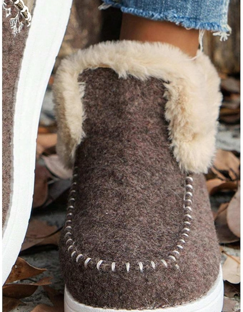 Coffee Suede Stitching Patchwork Plush Lined Anklet Boots