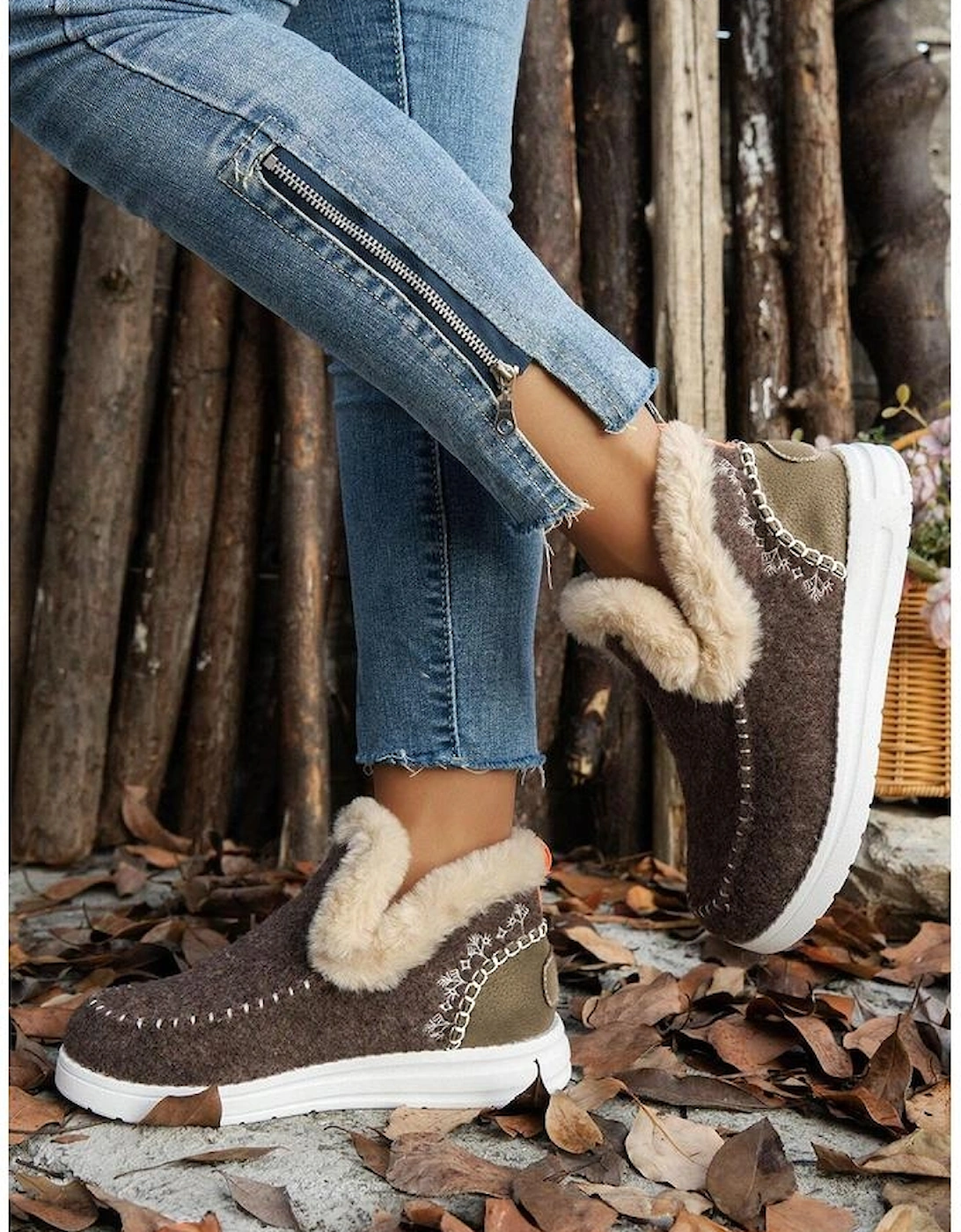 Coffee Suede Stitching Patchwork Plush Lined Anklet Boots