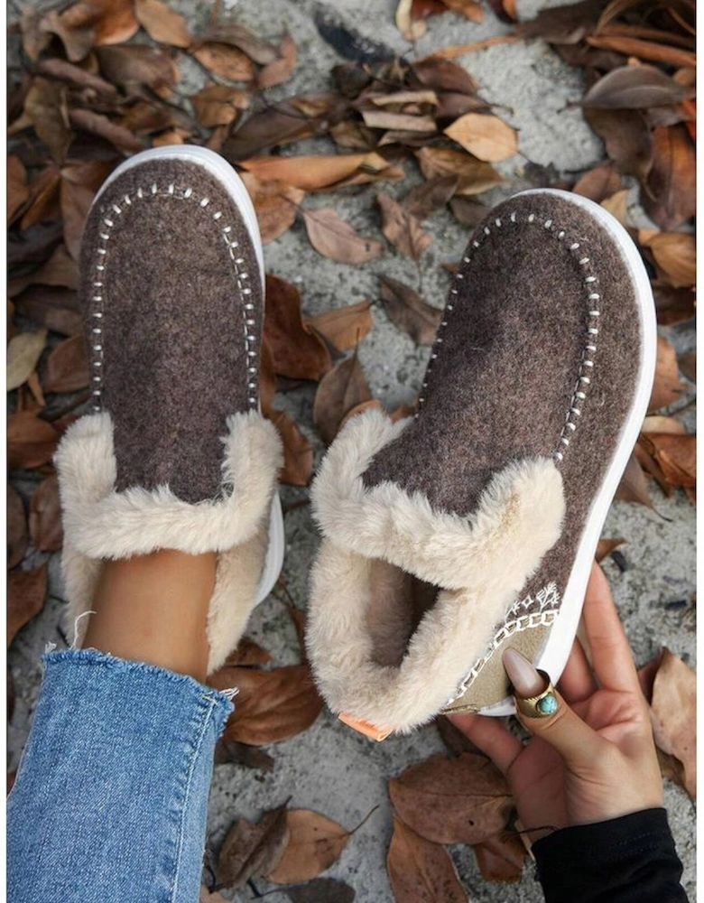 Coffee Suede Stitching Patchwork Plush Lined Anklet Boots