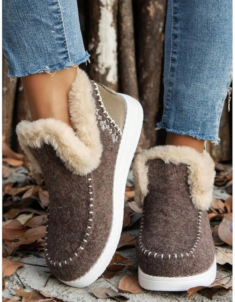 Coffee Suede Stitching Patchwork Plush Lined Anklet Boots