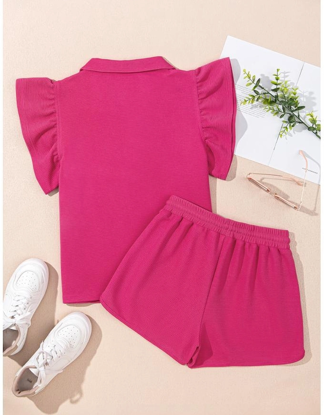 Strawberry Pink Striped Detail Flutter Sleeve Zipped Collar Short Set