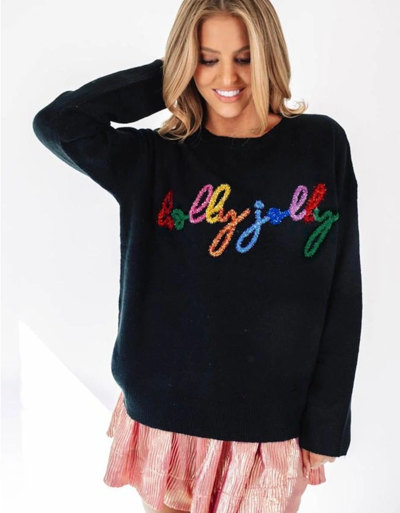 Black Holly Jolly Round Neck Casual Sweater