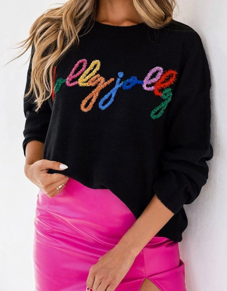 Black Holly Jolly Round Neck Casual Sweater