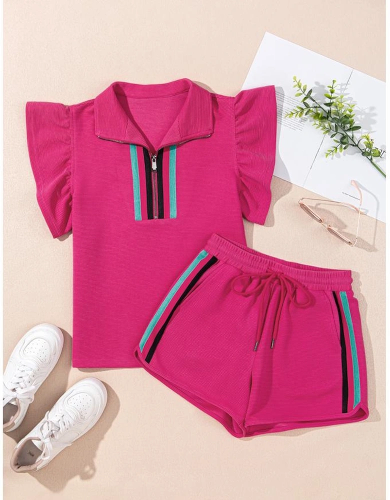 Strawberry Pink Striped Detail Flutter Sleeve Zipped Collar Short Set