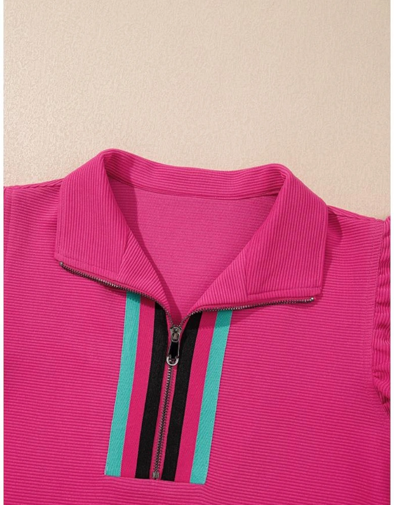 Strawberry Pink Striped Detail Flutter Sleeve Zipped Collar Short Set