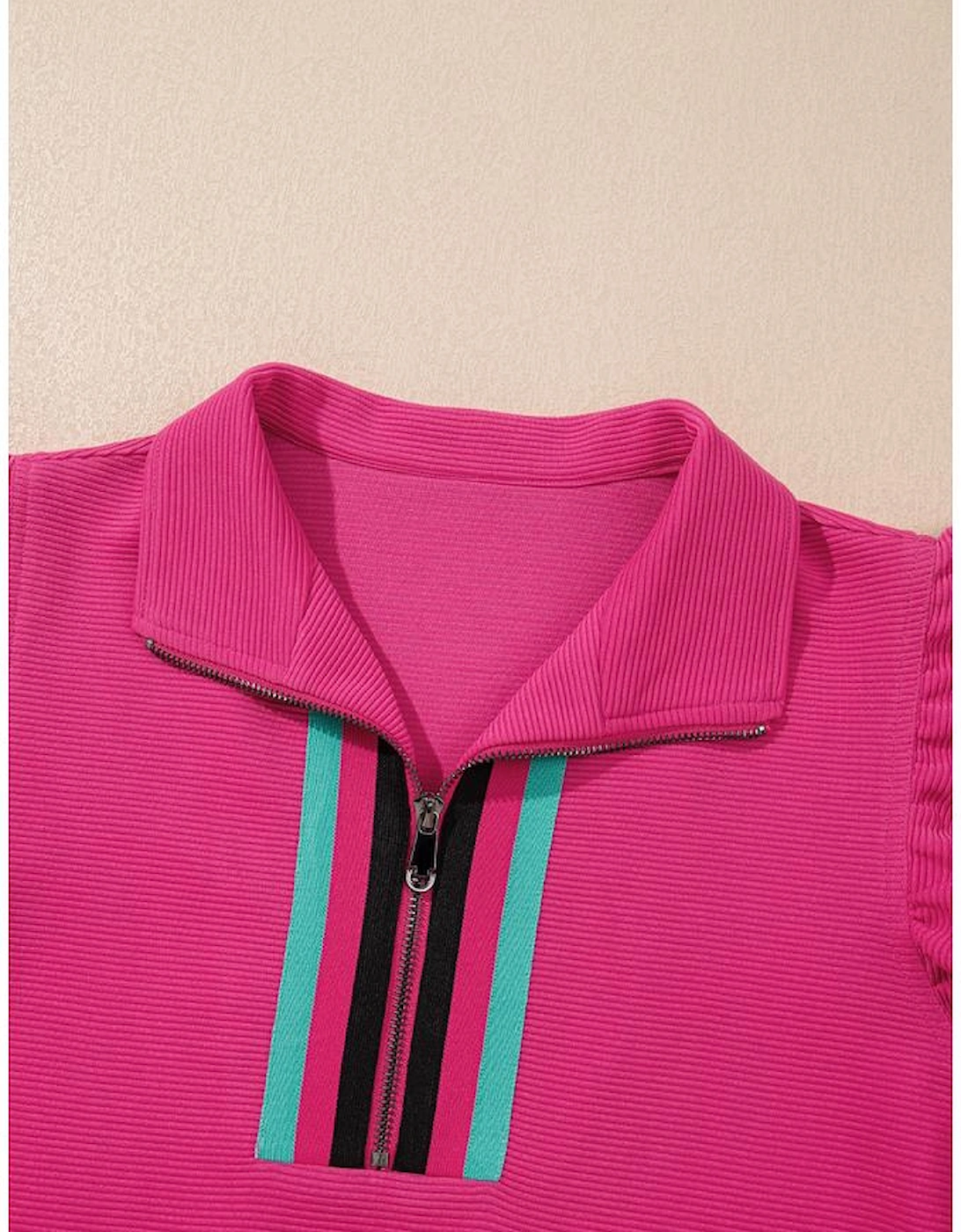 Strawberry Pink Striped Detail Flutter Sleeve Zipped Collar Short Set