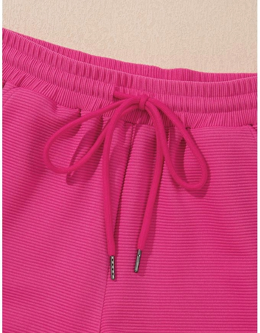 Strawberry Pink Striped Detail Flutter Sleeve Zipped Collar Short Set