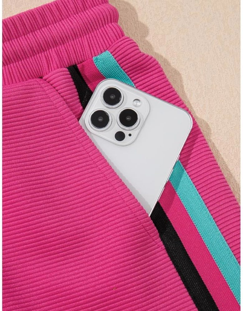 Strawberry Pink Striped Detail Flutter Sleeve Zipped Collar Short Set