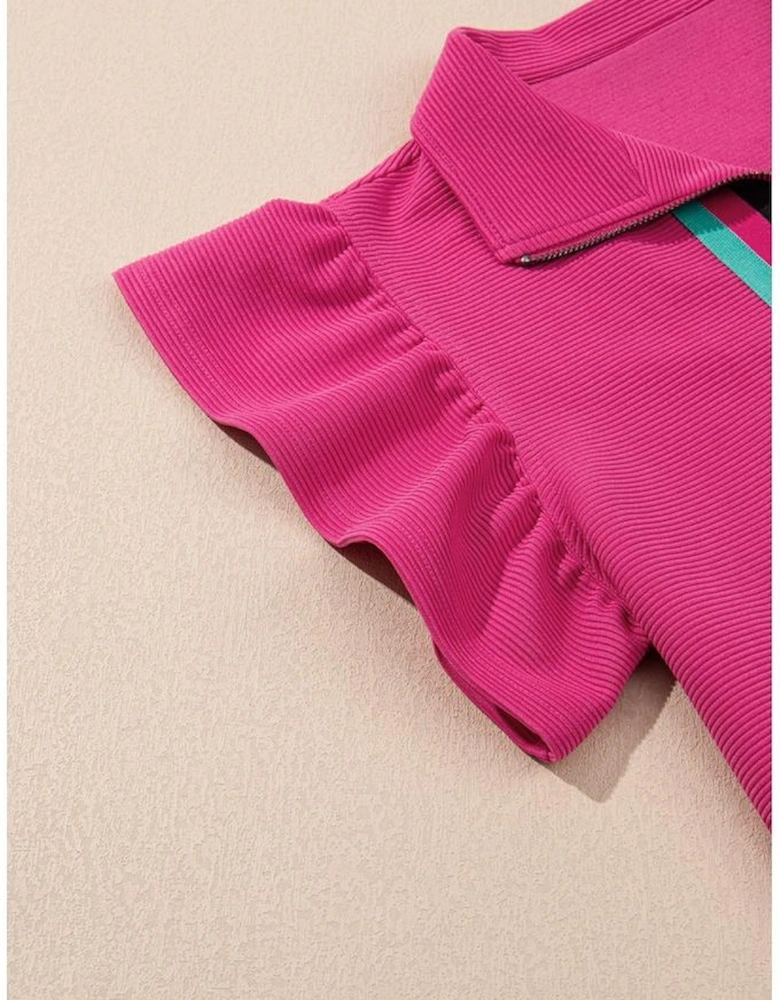 Strawberry Pink Striped Detail Flutter Sleeve Zipped Collar Short Set