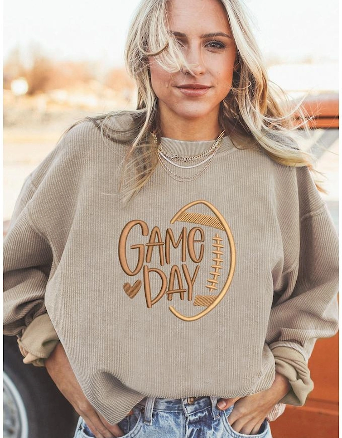 Smoke Gray Twisted Rib Texture game day Rugby Embroidered Baggy Sweatshirt